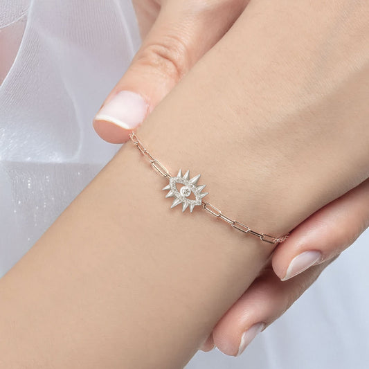 Kirpikli Göz Pırlantalı Minimalist 14 ayar Ataç Zincirli Bileklik